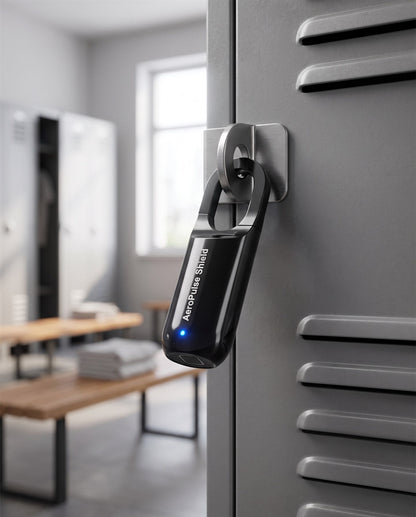 Black AeroPulse Shield locked through a gym locker hasp