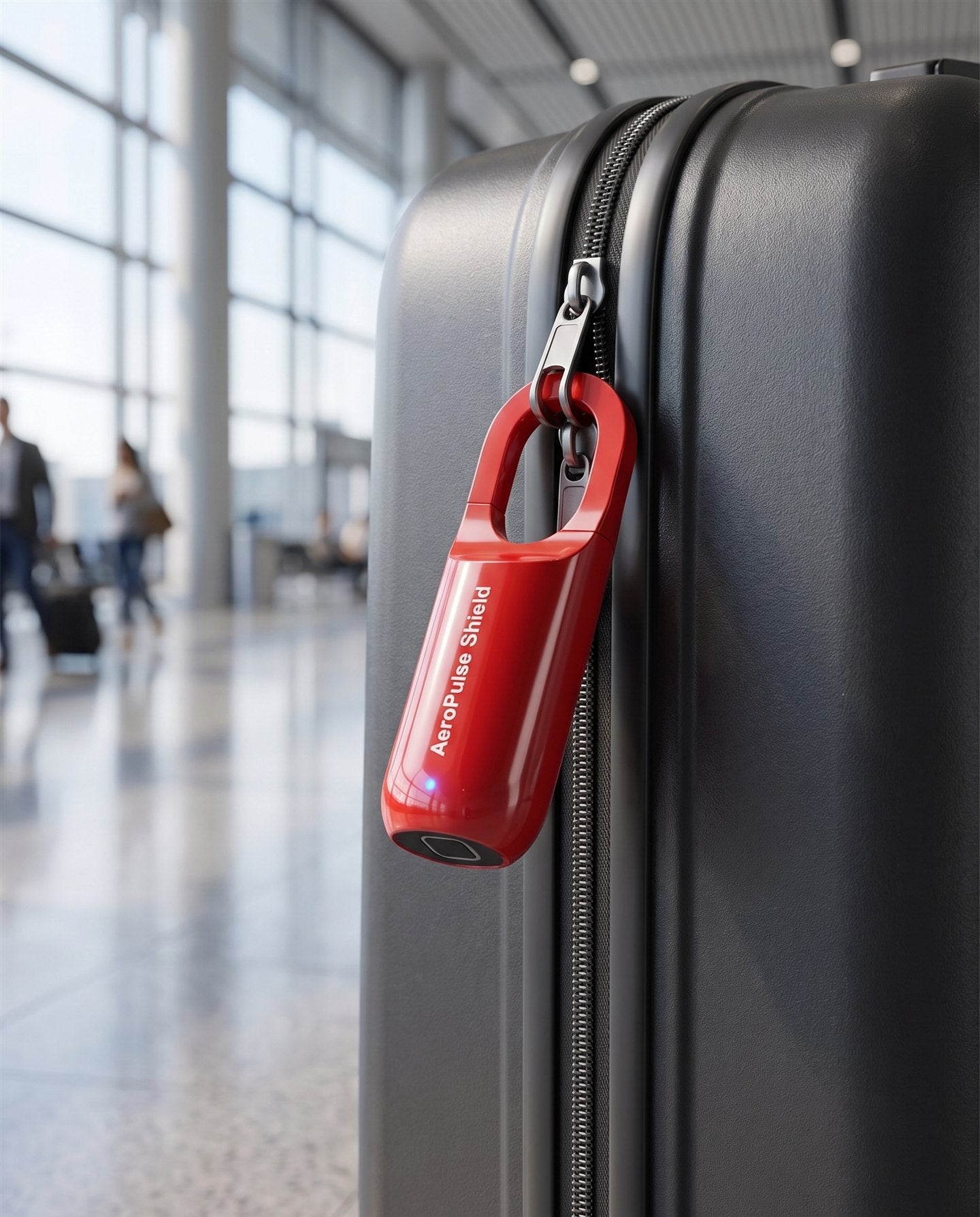 Red AeroPulse Shield locking both zipper pulls of a suitcase together